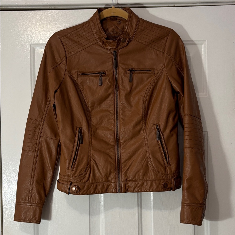 Jou Jou Tan Leather Jacket with Quilted Accents